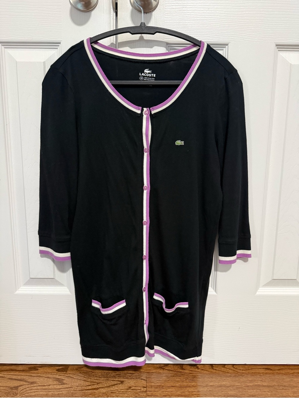 Lacoste Black Cardigan with Purple and White Trim